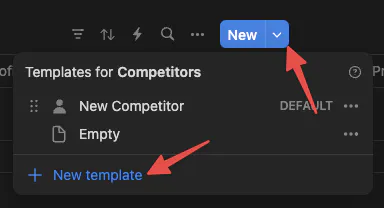 A dark-themed Notion interface showing a dropdown menu for "Templates for Competitors". The menu displays two options: "New Competitor" (marked as DEFAULT) and "Empty". At the bottom, there's a blue "New template" option. In the top-right corner, a blue "New" button is visible with a dropdown arrow. Two red arrows point to the "New" button and the "New template" option.