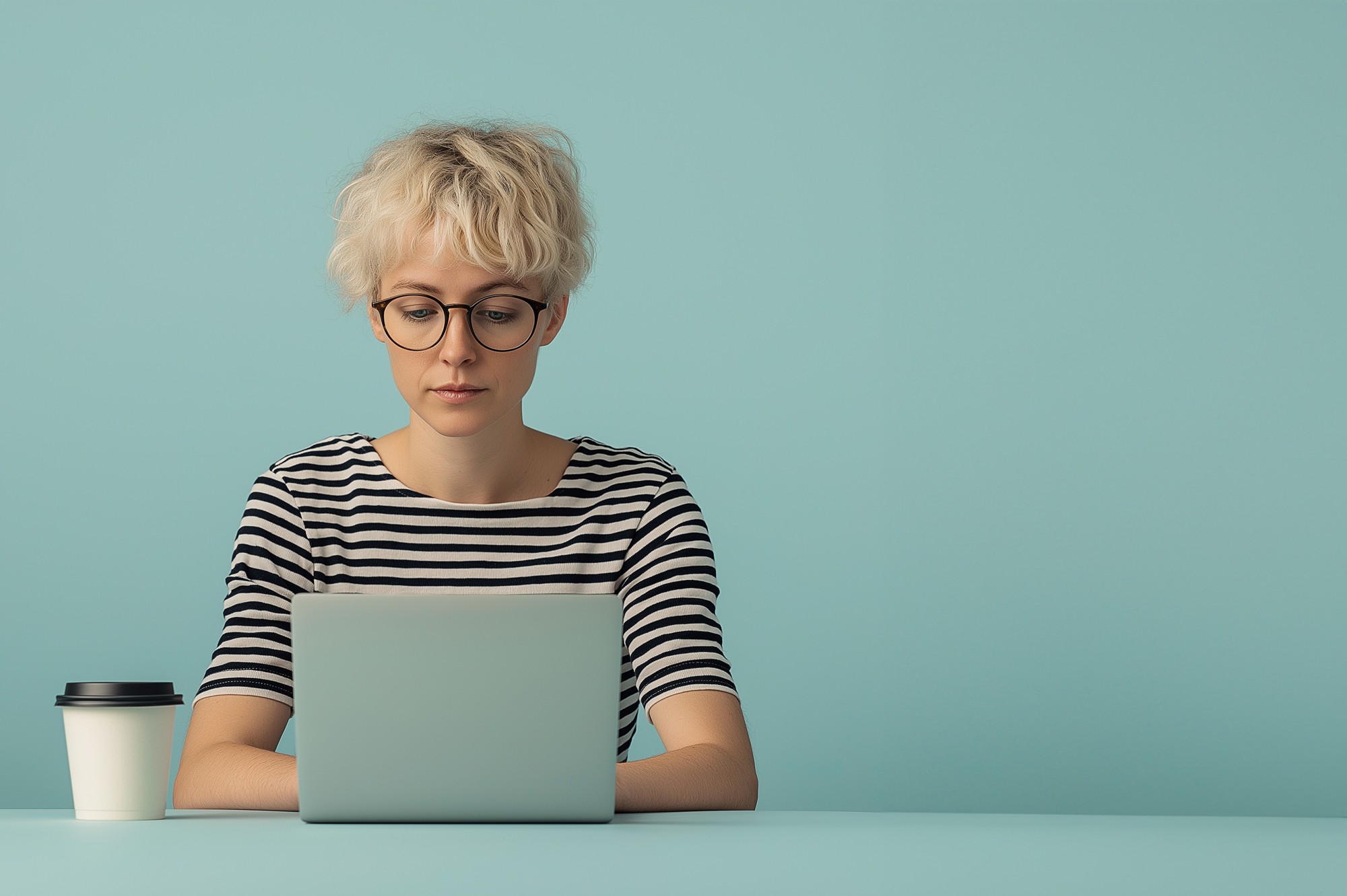 Woman freelancer sitting in front of her laptop in a striped shirt