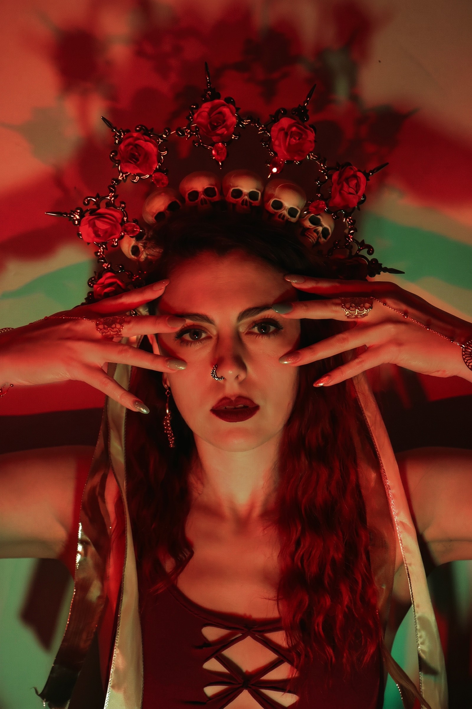 Woman with skull crown looking with dominance