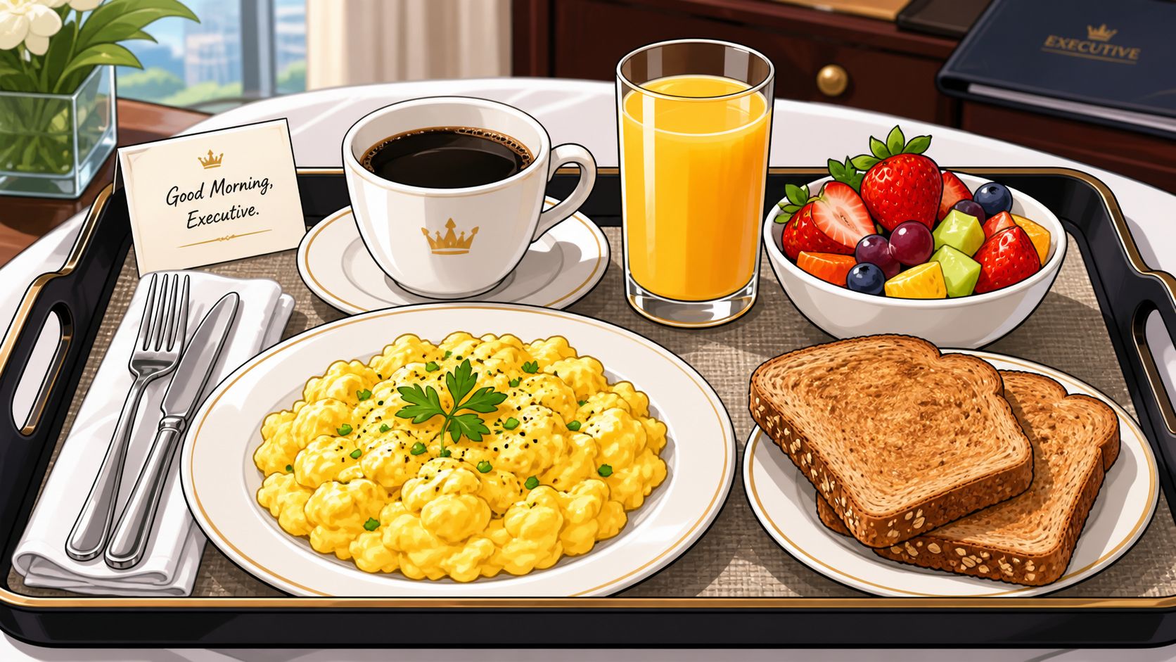 Ilustración de un desayuno ejecutivo completo en una bandeja, con café, jugo, fruta y huevos revueltos.