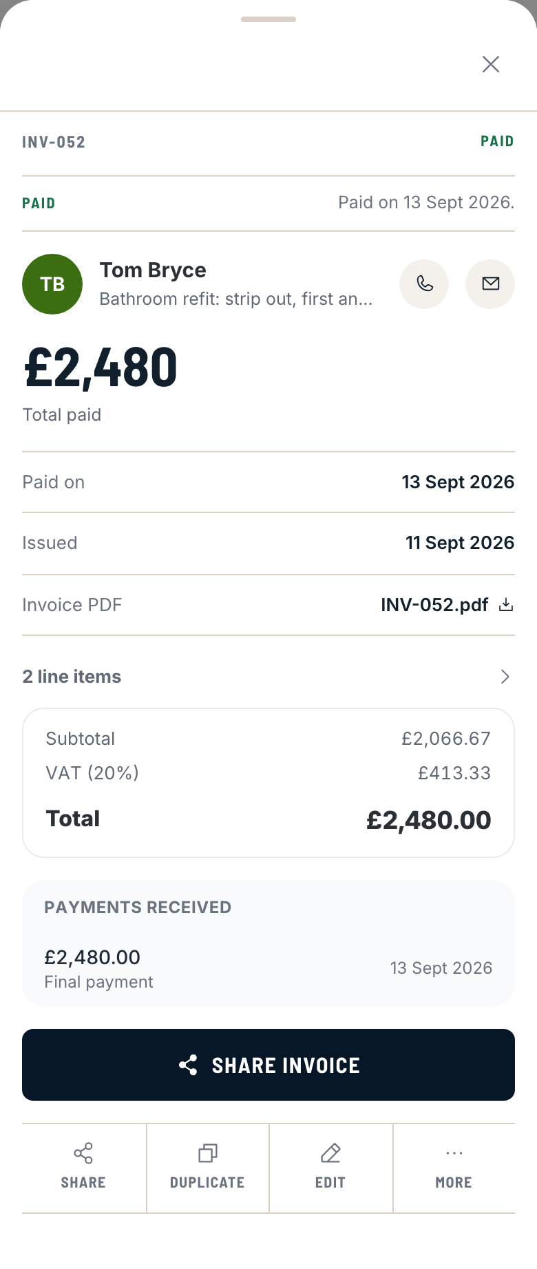 TradePilot invoice INV-052 marked paid, with a manually recorded £2,480 final payment on 13 September.