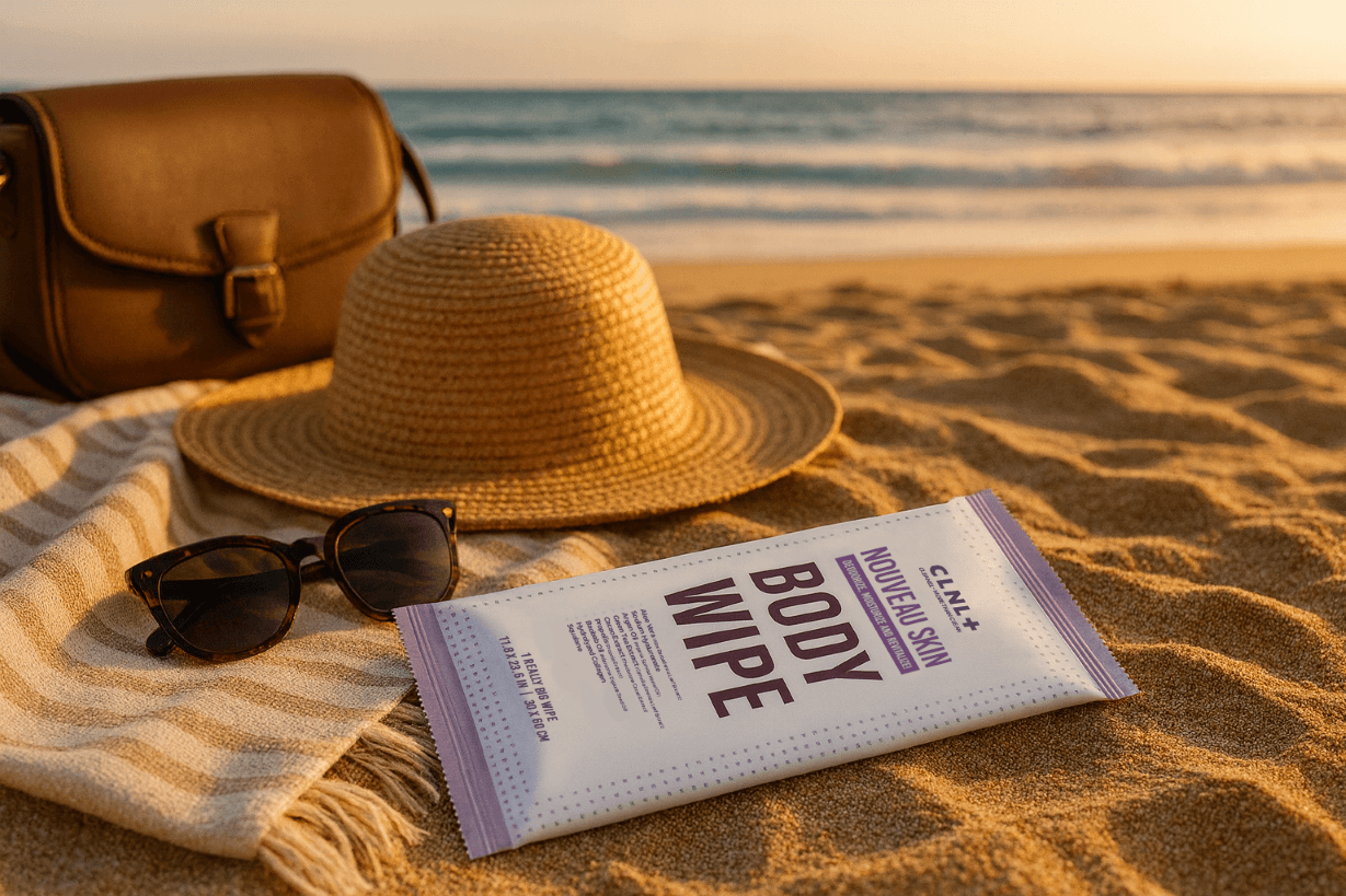 Cleanel Nouveau Skin body wipe on the beach