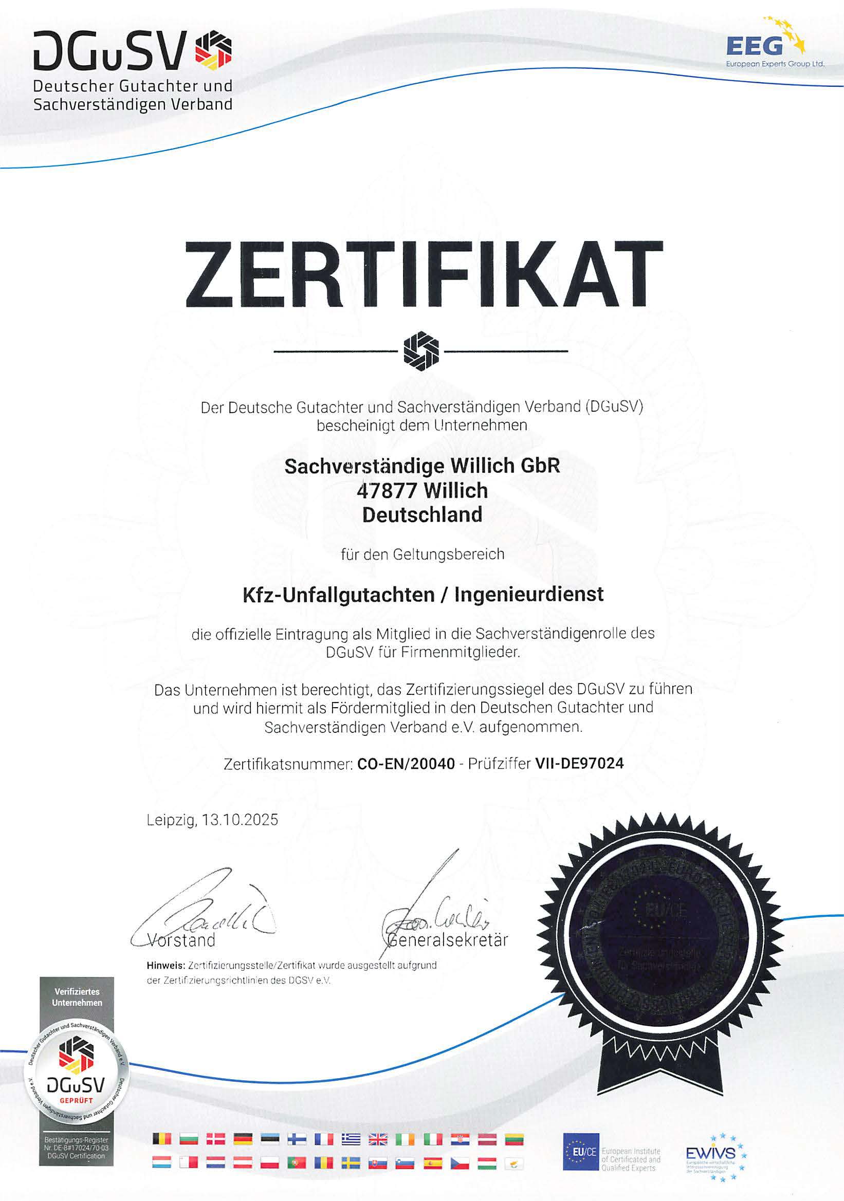 Qualifikationsnachweis des DGuSV für die Sachverständige Willich GbR