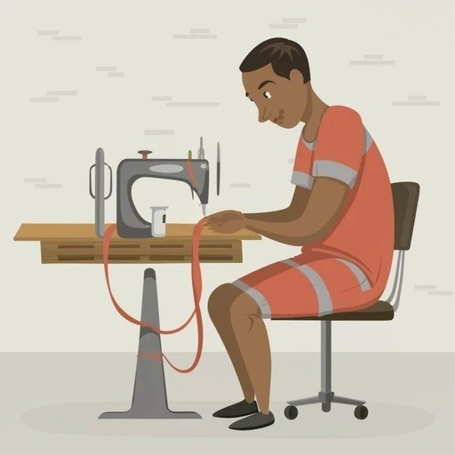 This image depicts a inmate in a joyful mood where an orange and fluorescent silver stripes clothing on a rolly chair sewing 2 orange fabrics together in a tan room.