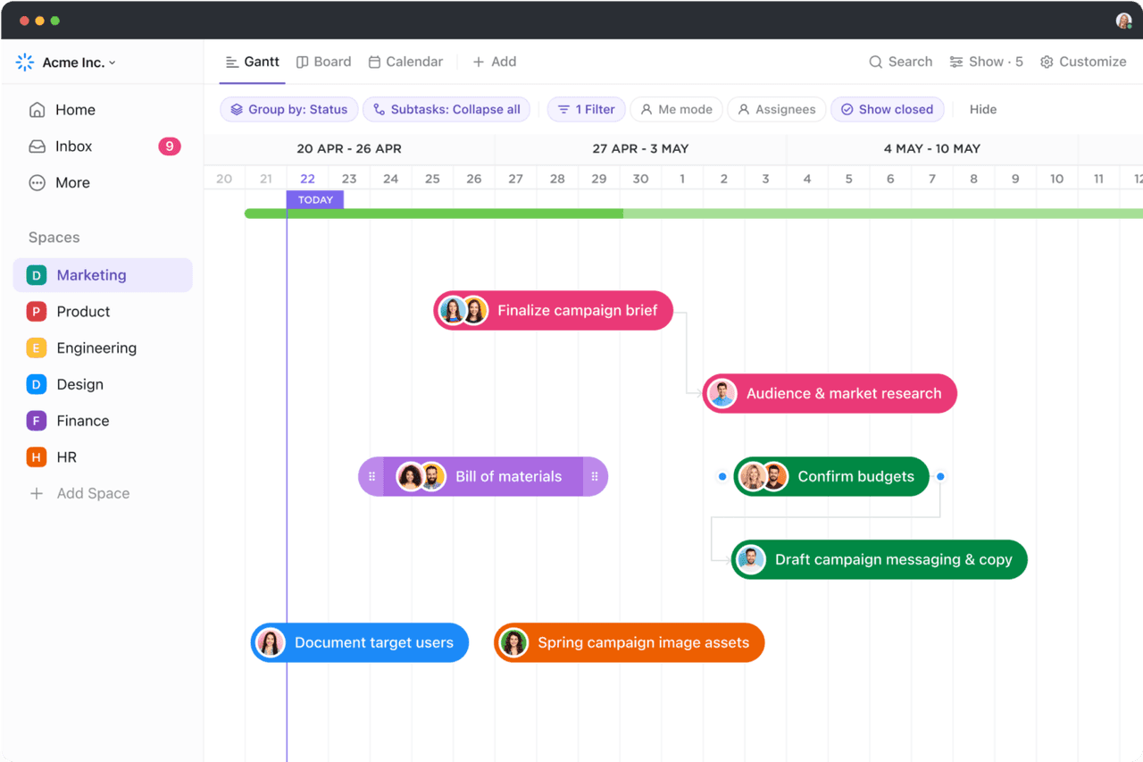 ClickUp Gantt chart with colorful task timelines and dependencies.