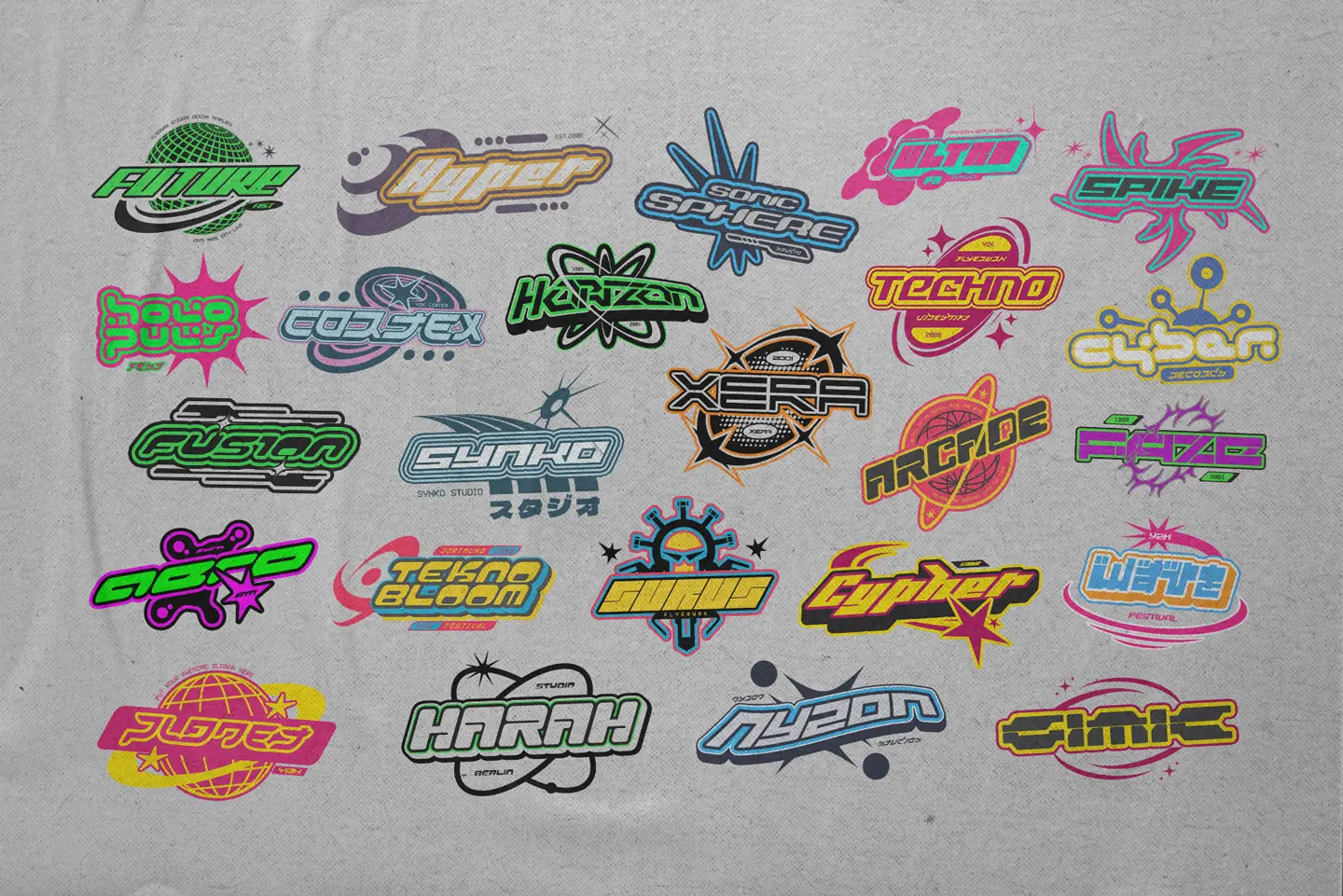 Vibrant multicolored versions of the Y2K logotype bundle templates displayed on a textured background