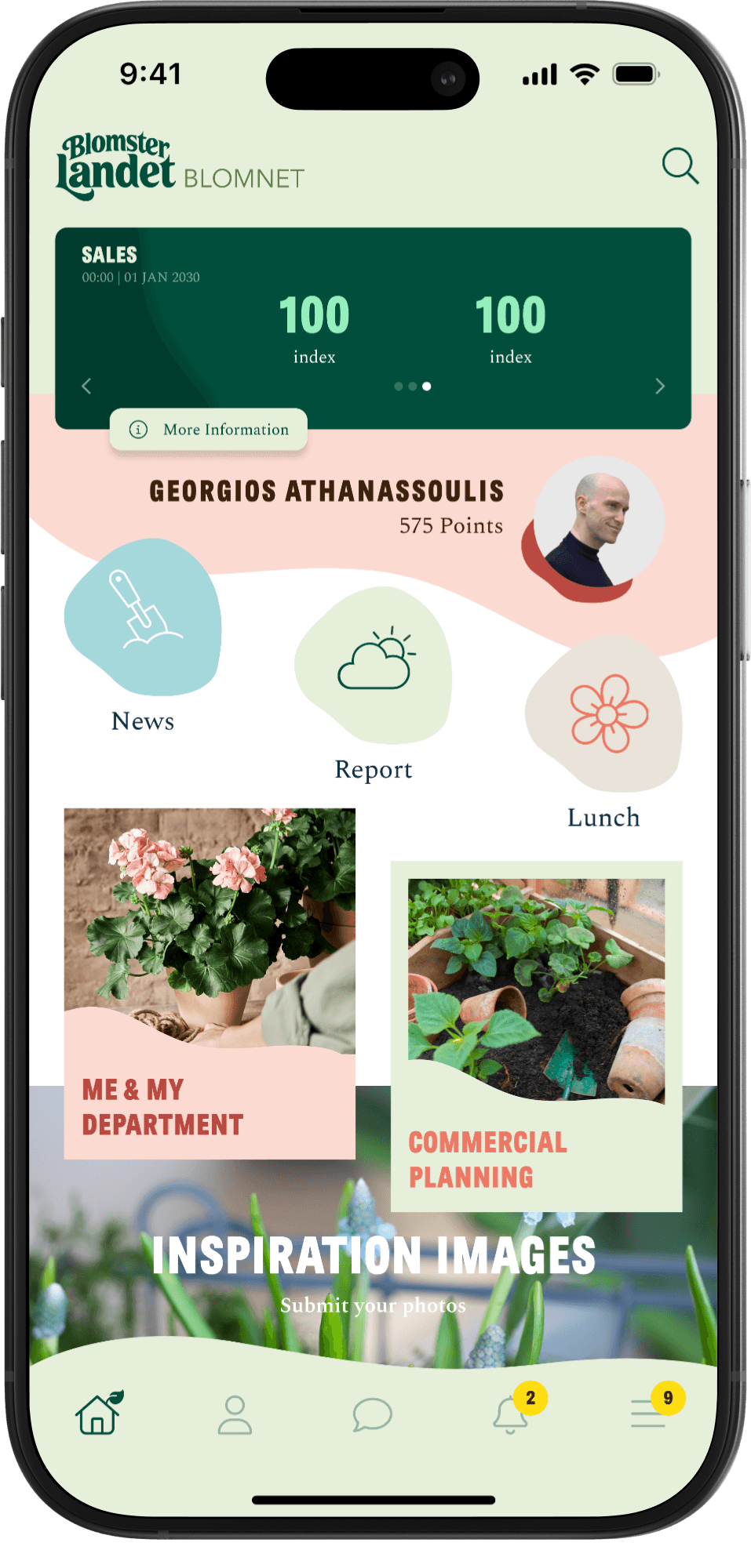 Mobile app interface showing the Blomsterlandet internal app home screen with navigation, sales overview, and content sections.