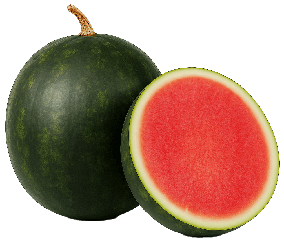 Supermini Wassermelone 1969 und eine aufgeschnittes Viertel mit rotem Fruchtfleisch