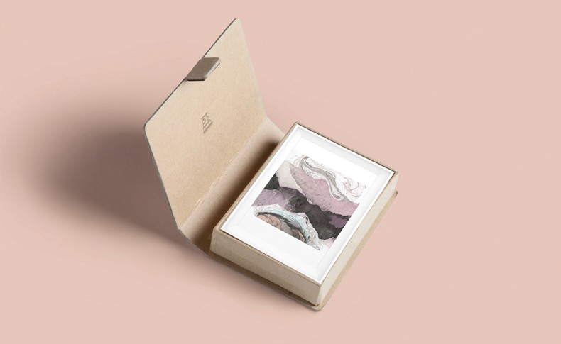 A light brown cardboard box is open, revealing a photograph inside. The photograph features abstract shapes in muted purplish-gray tones against a white background. The box rests on a light peach-colored surface.