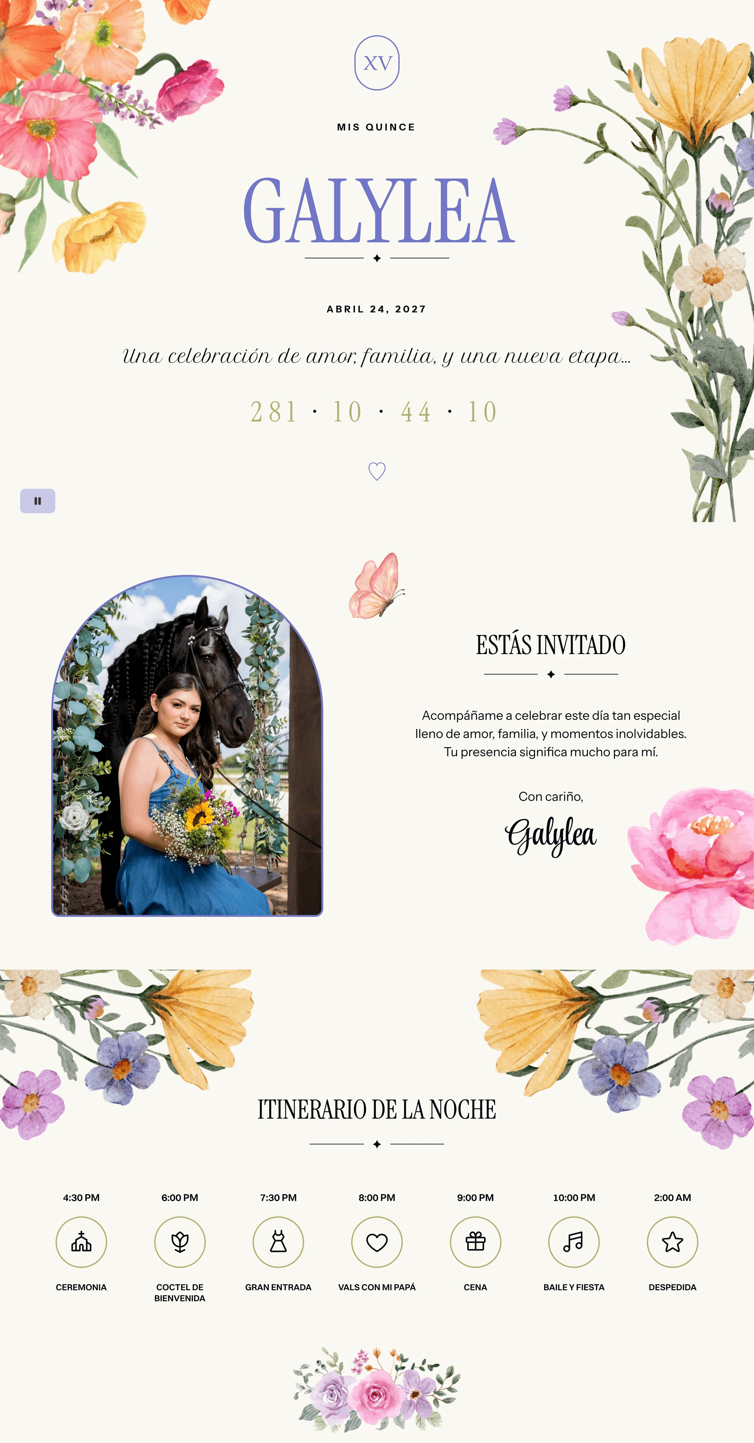 Sample quinceañera invitation website mockup for Galylea, featuring a countdown timer, photo, and event details surrounded by floral illustrations