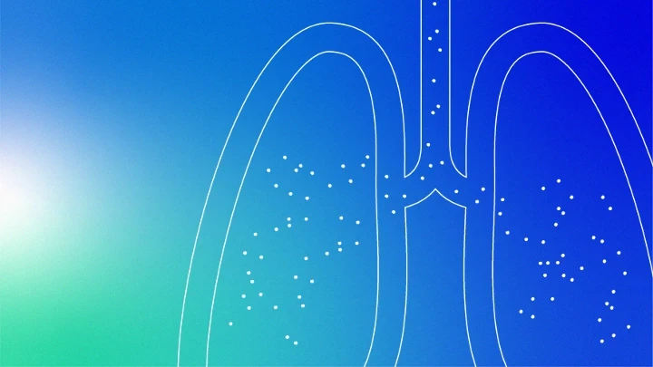 Illustration of lungs showing airflow and particle distribution in the respiratory system