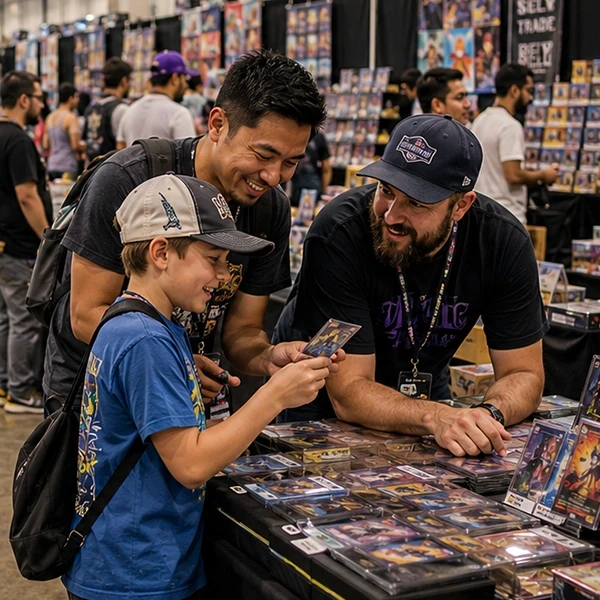 a kid, his father and another enthuasiast are excitedly talking about a card trade or purchase in the middle of a trading card event