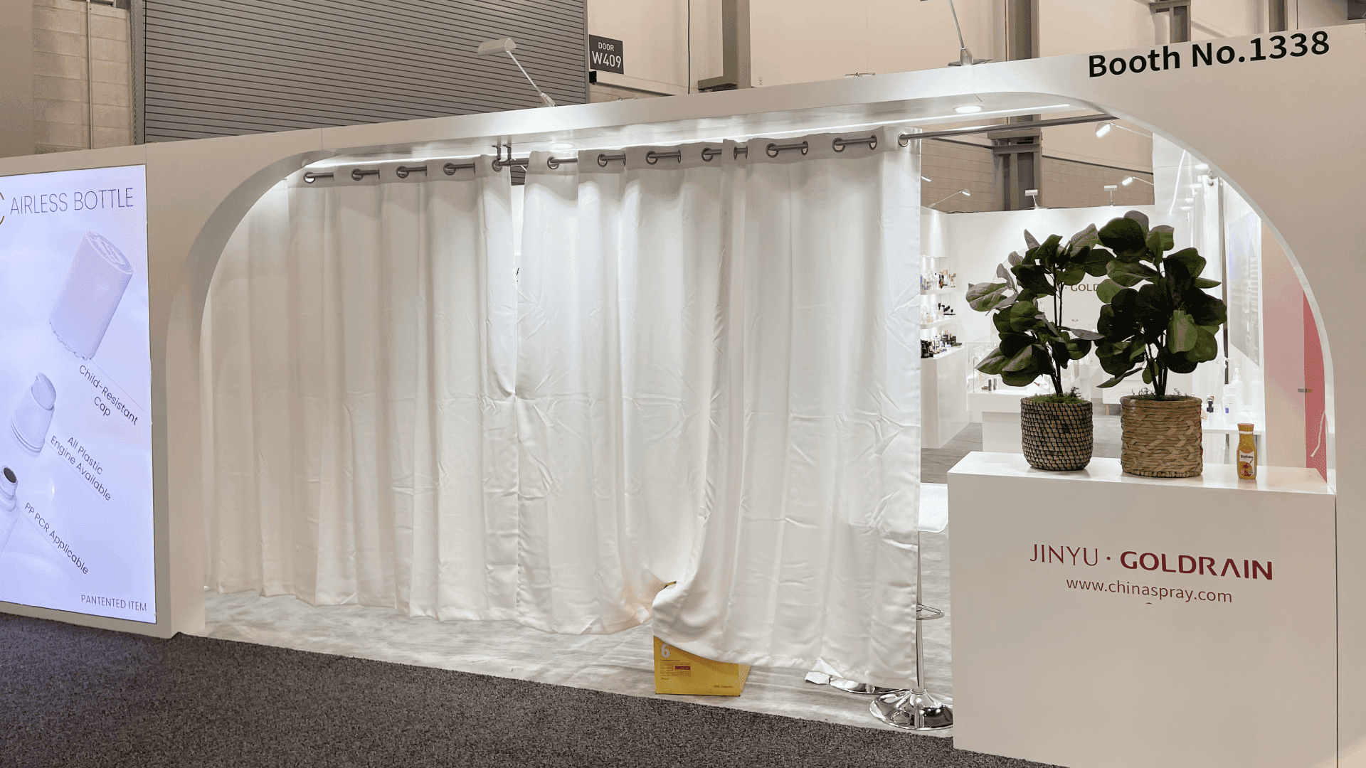 10x20 skincare trade show booth with product testing counter and spa treatment demo layout in Las Vegas