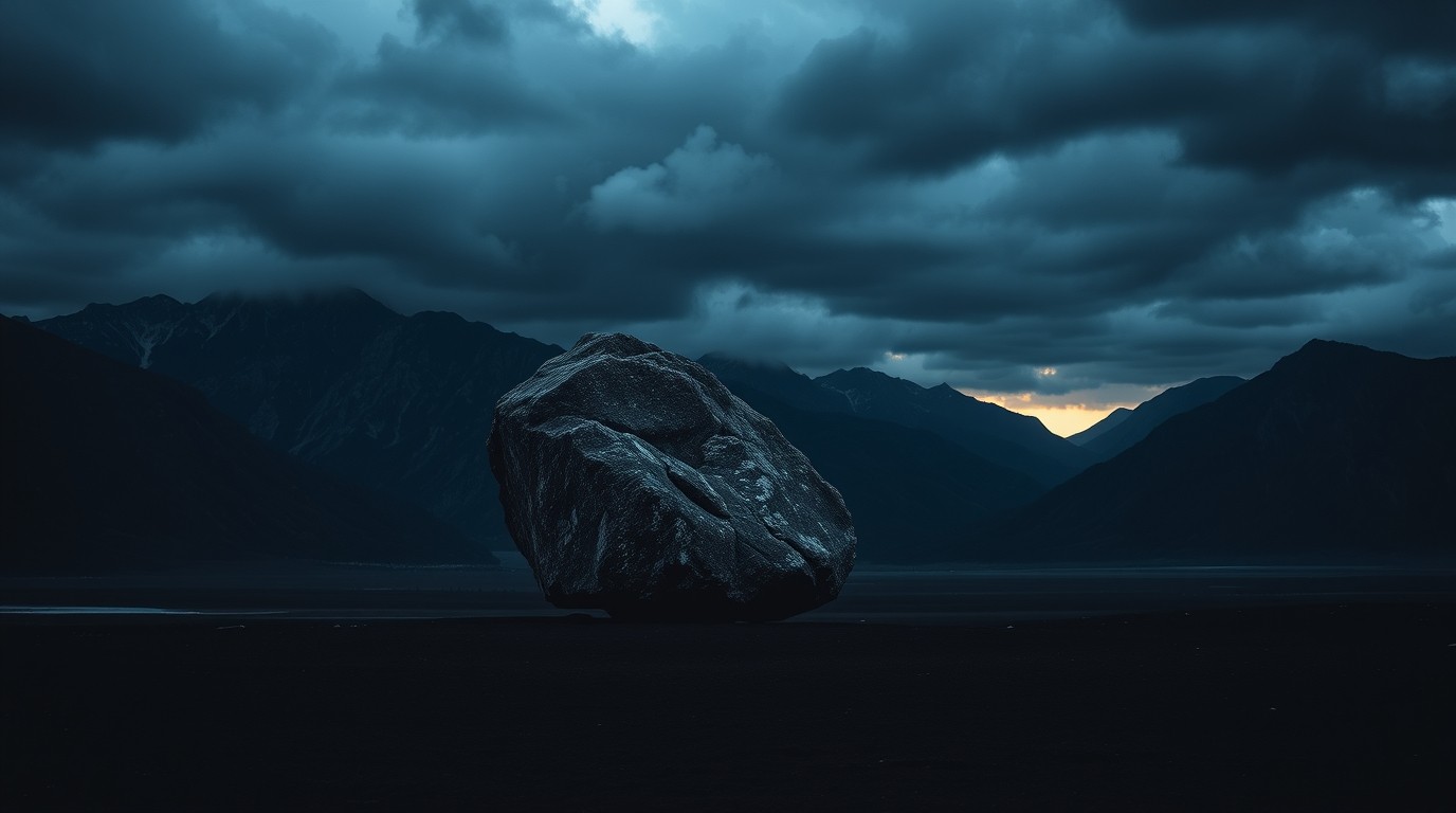 Boulder balanced on a dramatic landscape with dark brooding mountains in the background. Representative of House of Growth's strength and stability.