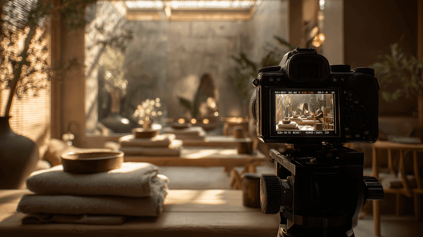 Spa content strategy illustrated through a photographer's viewfinder capturing a warm, natural-light spa setup with towels, ceramics and plants.
