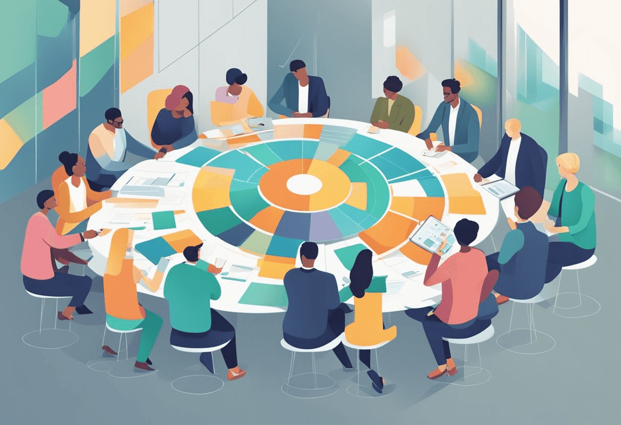 A group of people gather around a shared digital platform, exchanging ideas and insights. They engage in collaborative discussions, utilizing knowledge management tools to enhance their professional growth