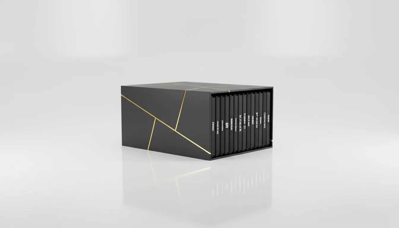 3D product render of a software collection box, minimalist studio shot. A large, matte black rectangular slipcase with sharp gold accent lines holds numerous individual cases, their spines visible with abstract white typography. The box is positioned in a three-quarter view on a clean white reflective surface, set against a seamless white studio backdrop. Soft global illumination creates subtle highlights on the box and gentle cast shadows.