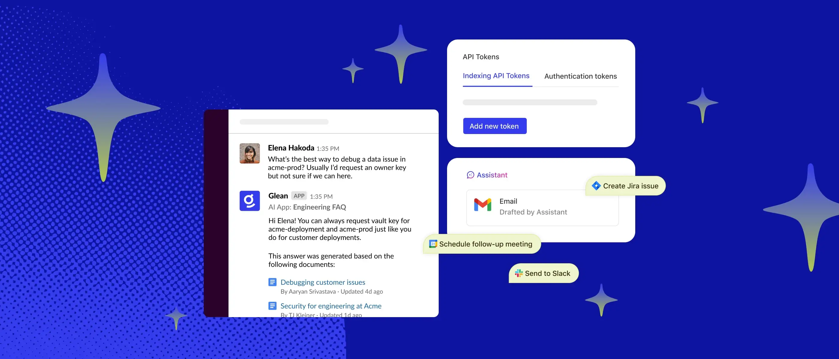 Image showing a digital interface with various dialogue boxes and API tokens highlighted, featuring the platform name 'Glean' prominently for efficient search and communication management.