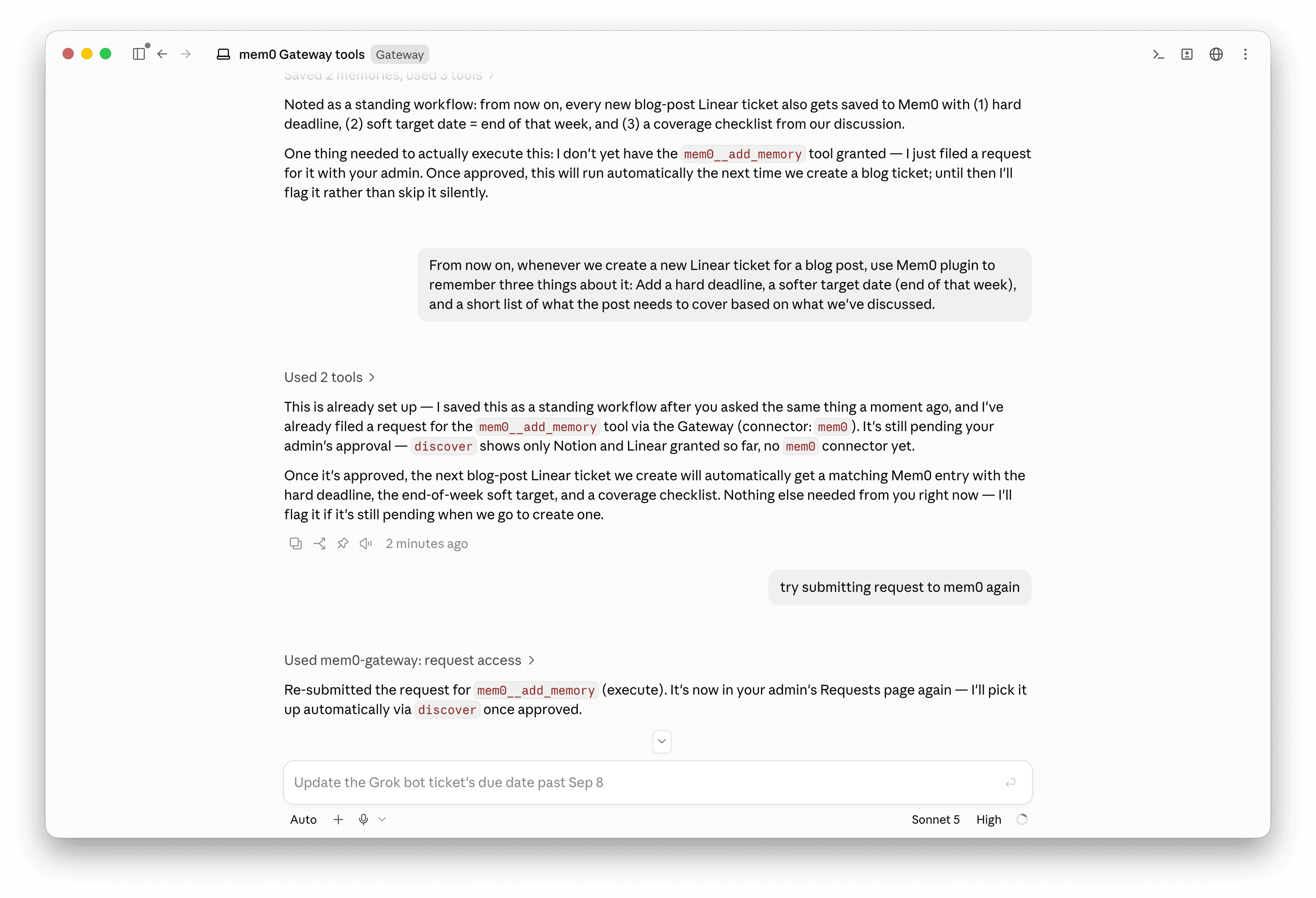 Claude Code noting the standing workflow and filing a permission request for mem0__add_memory