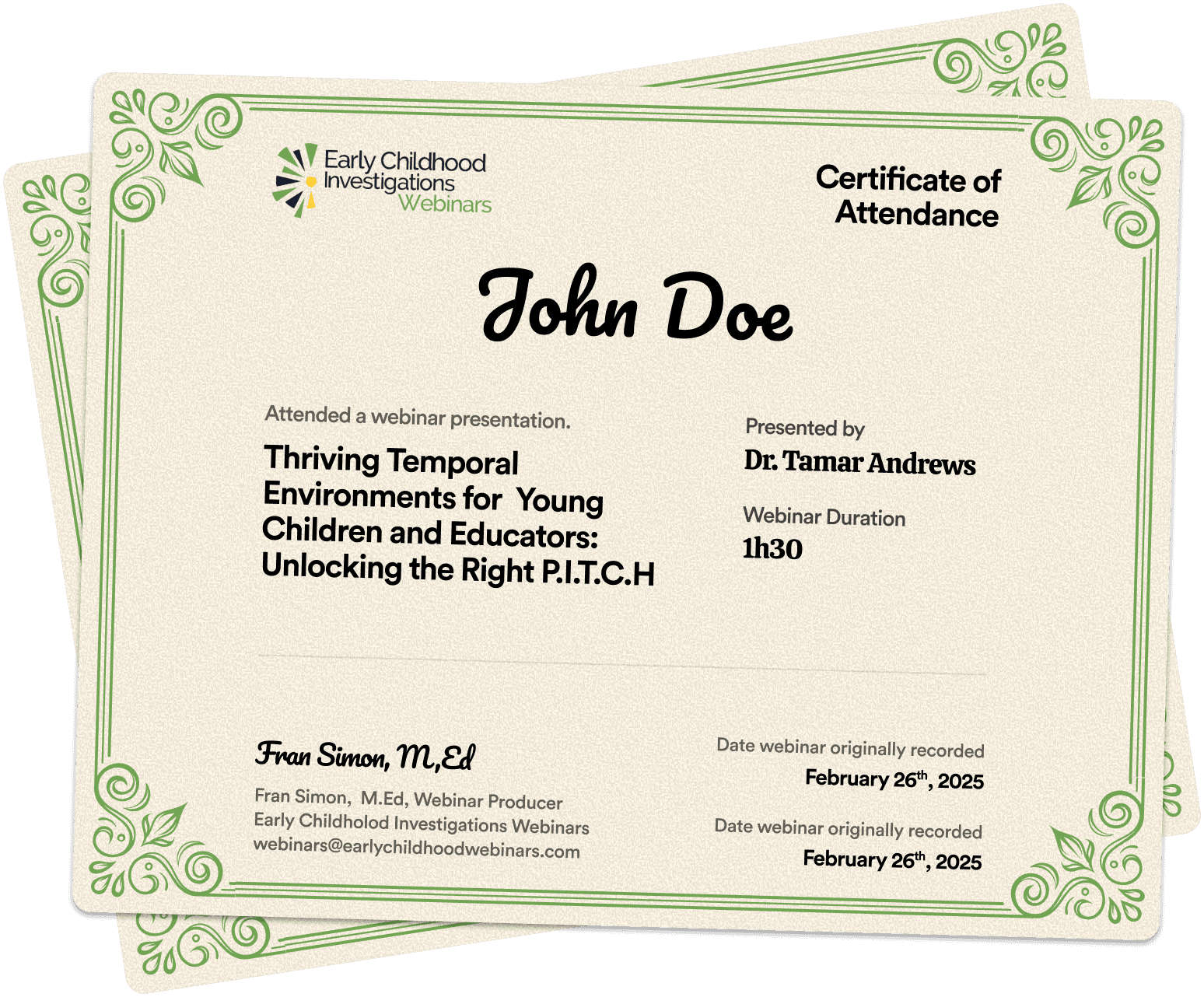 Sample Early Childhood Investigations Webinars certificate of attendance