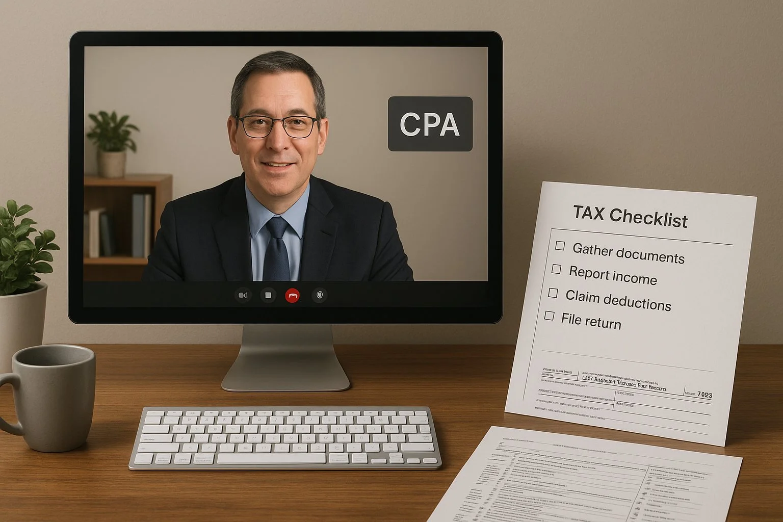 Small business desk with a computer showing a video call with a CPA, alongside tax forms and checklists symbolizing expert financial help.