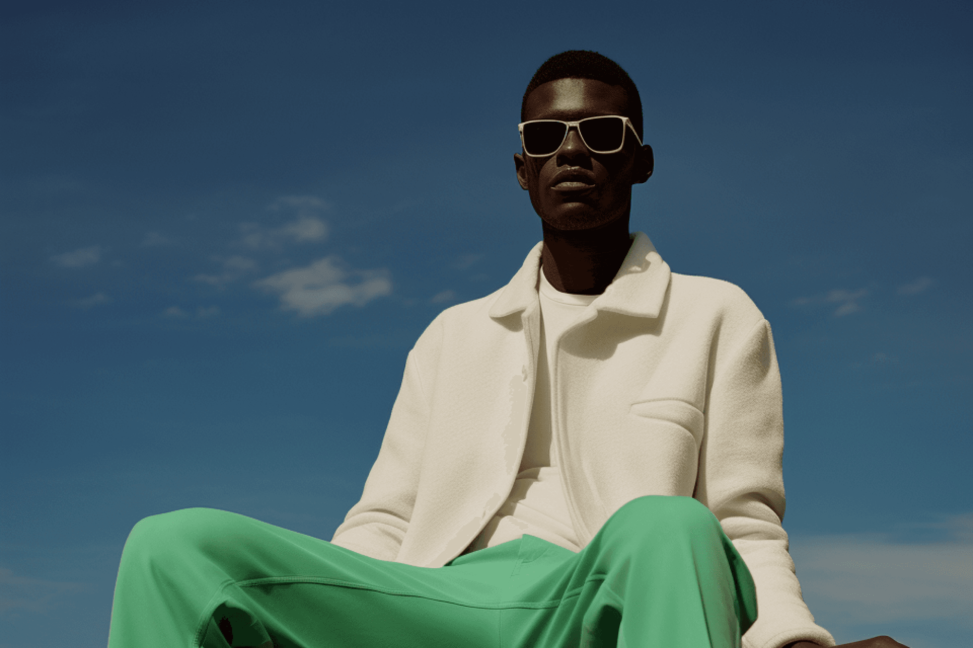 Person wearing sunglasses sitting outdoors under a clear sky