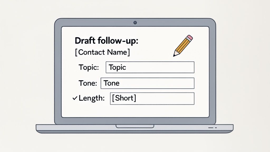 A laptop screen displays an AI email drafting interface for a follow-up, with fields for topic, tone, and length.