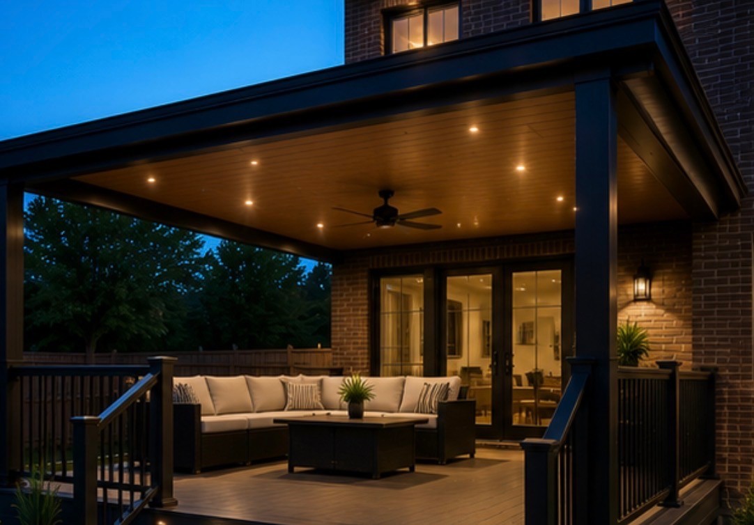 Finished deck with railing and table