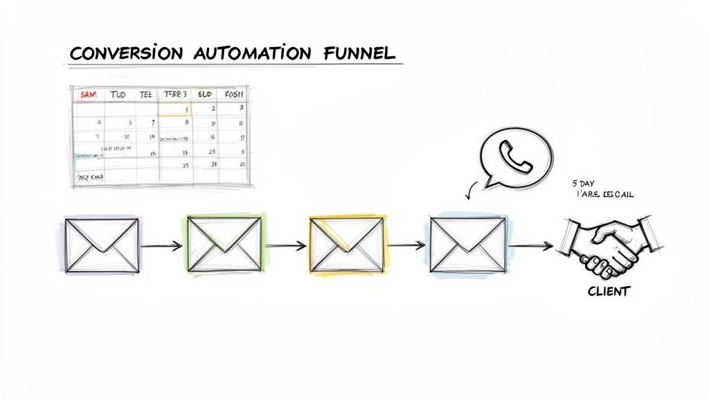 Hand-drawn marketing automation funnel showing emails, phone calls, and client conversion steps from a calendar.