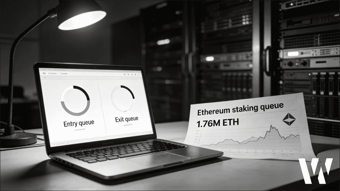 Black-and-white photo of an analyst’s desk showing an Ethereum staking queue dashboard with 1.76M ETH in the entry queue and the exit queue near zero.