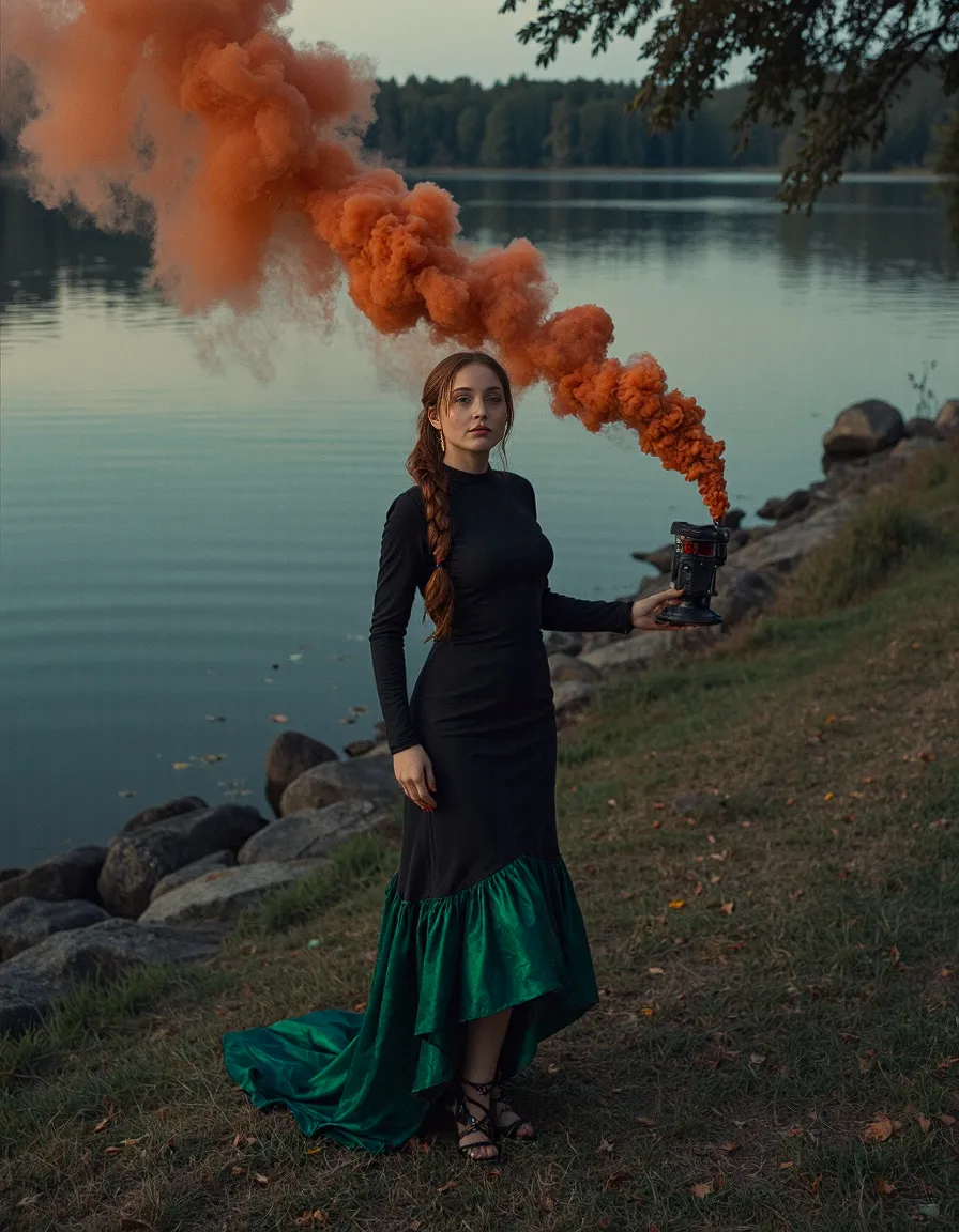 Atmospheric lakeside scene featuring a black and green dress with flowing orange smoke against calm water at dusk