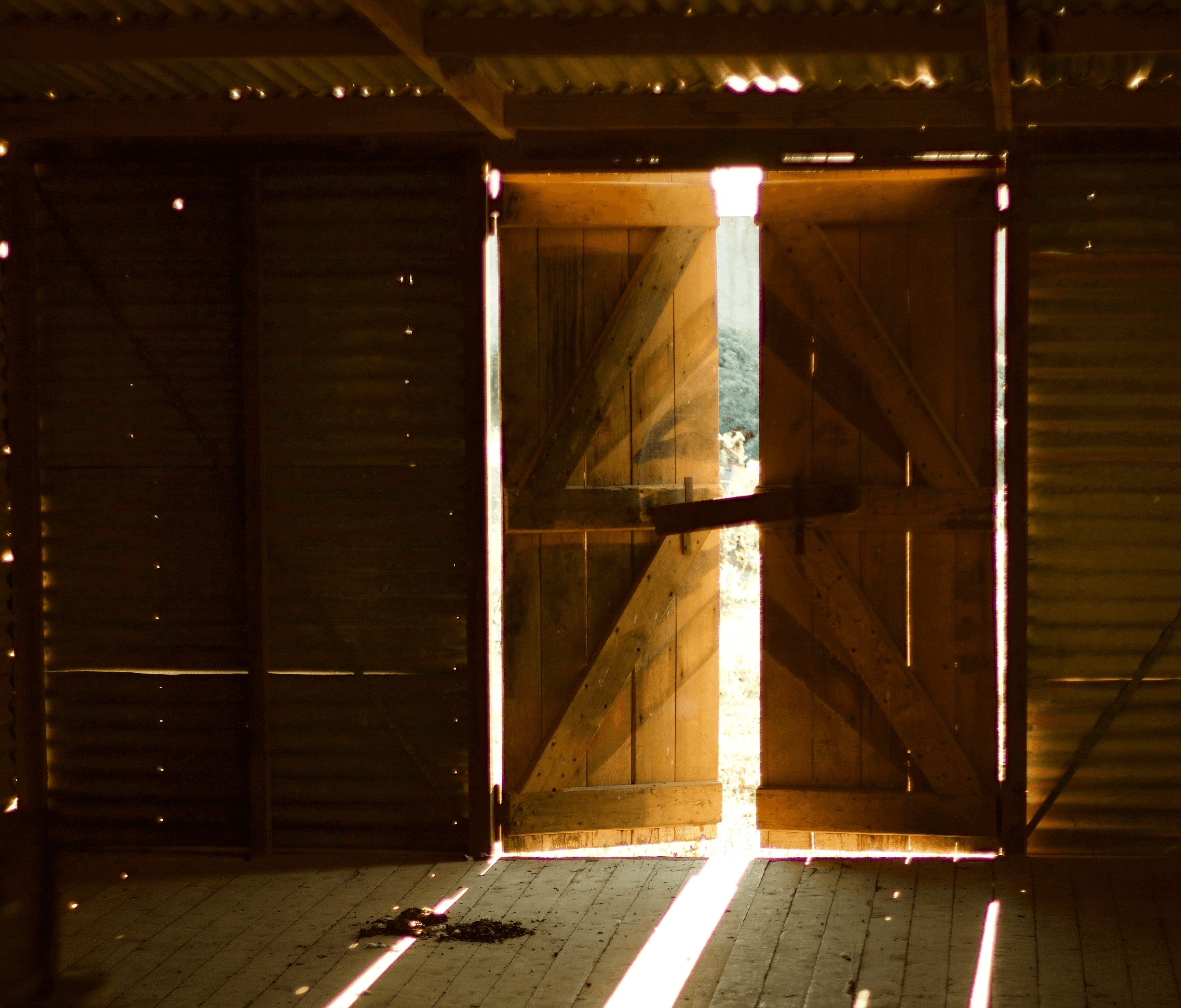 A barn door ajar with light seeping through