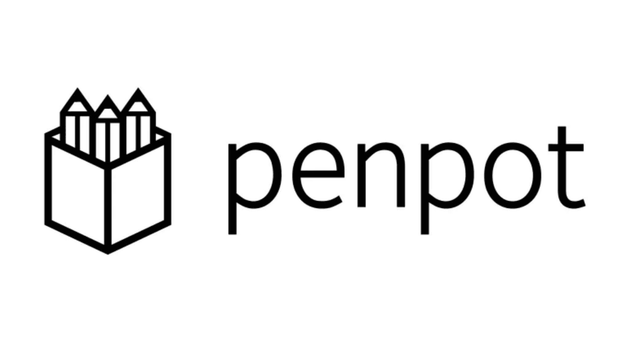 Penpot logo: a minimalist black line-art icon of pencils standing upright in an open box, next to the lowercase wordmark "penpot" in a rounded sans-serif font, on a white background.