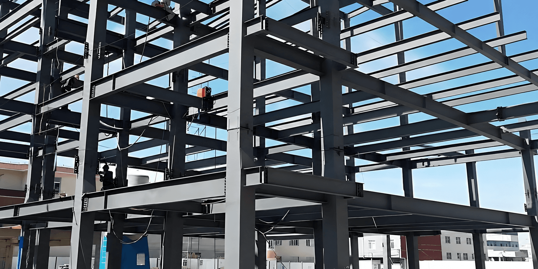 Close-up of bolted carbon steel beam and column connections