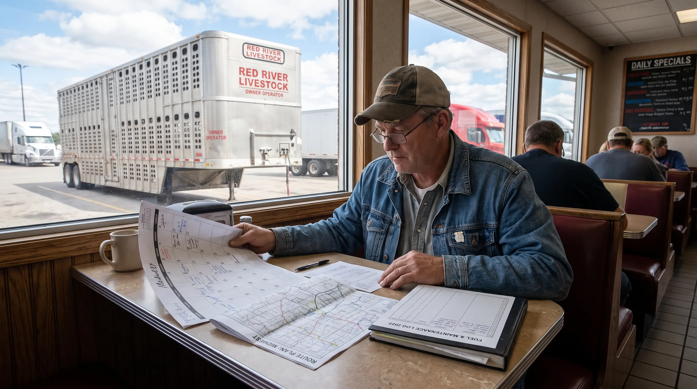 An owner operator reviews a paper calendar, route map, and fuel and maintenance figures at a truck stop table while a livestock trailer is parked outside.