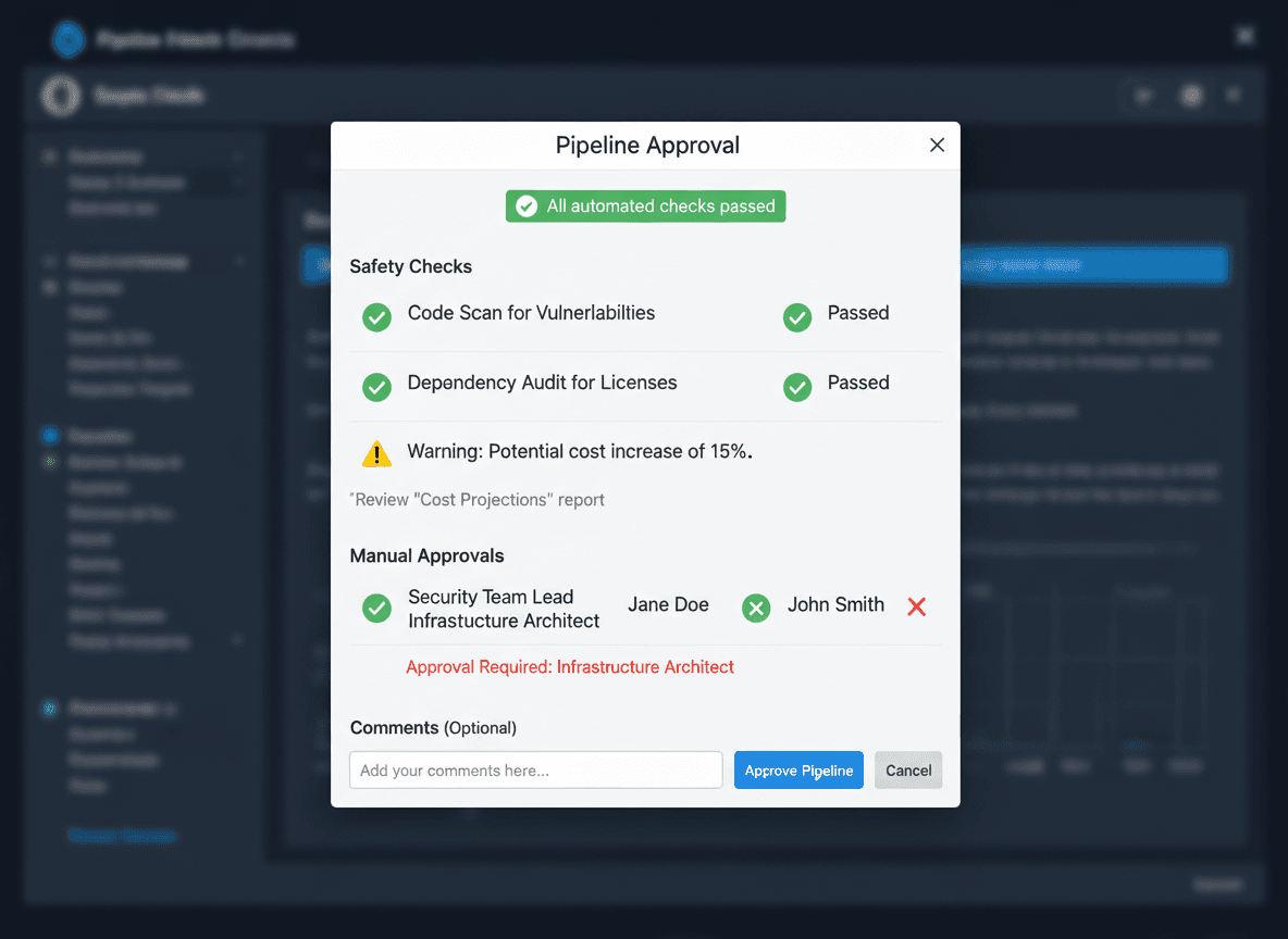 “Pipeline approval modal with safety checks and validation to reduce deployment risks.”