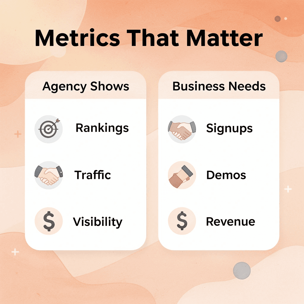 Comparison table showing agency metrics versus actual business needs - SaaS SEO