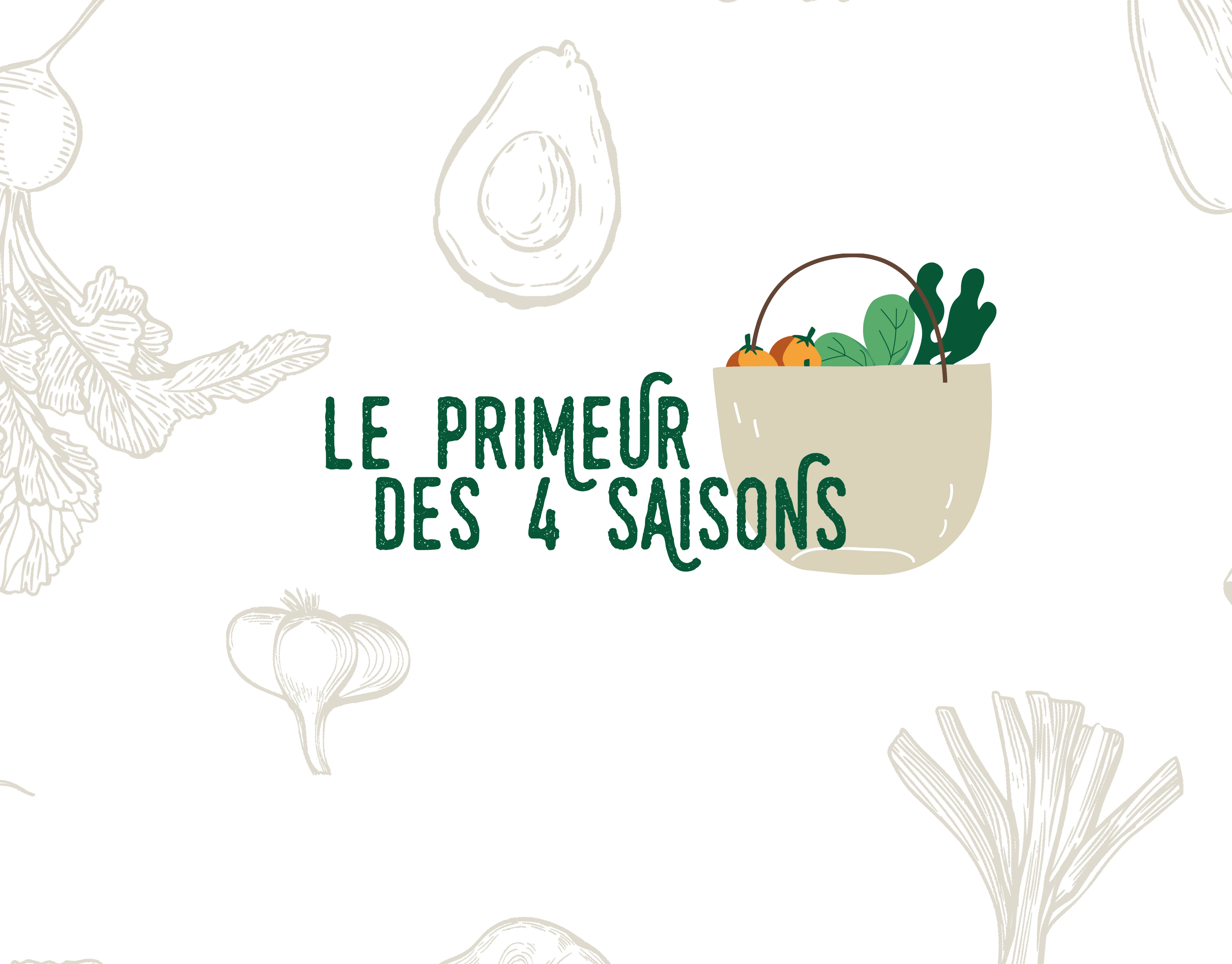 Logo 'Le Primeur des 4 Saisons' illustré avec panier de légumes verts et croquis gravés en arrière-plan.