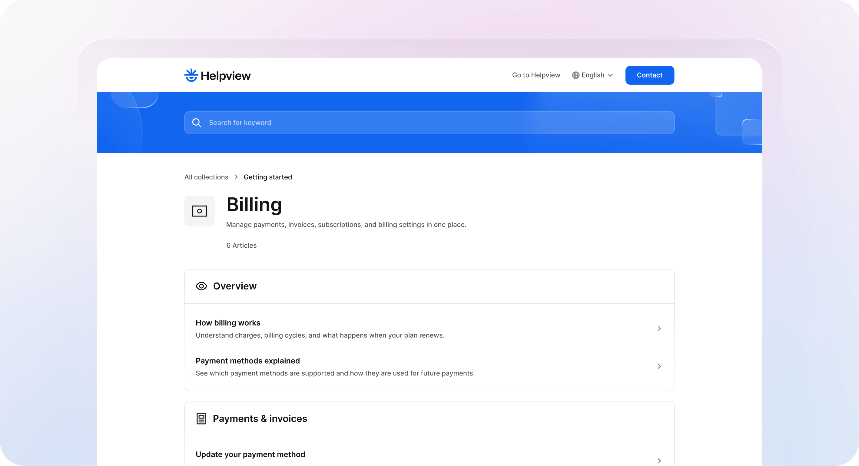 Helpview help center interface showing a billing collection page with search, article sections, and a structured self-service layout.