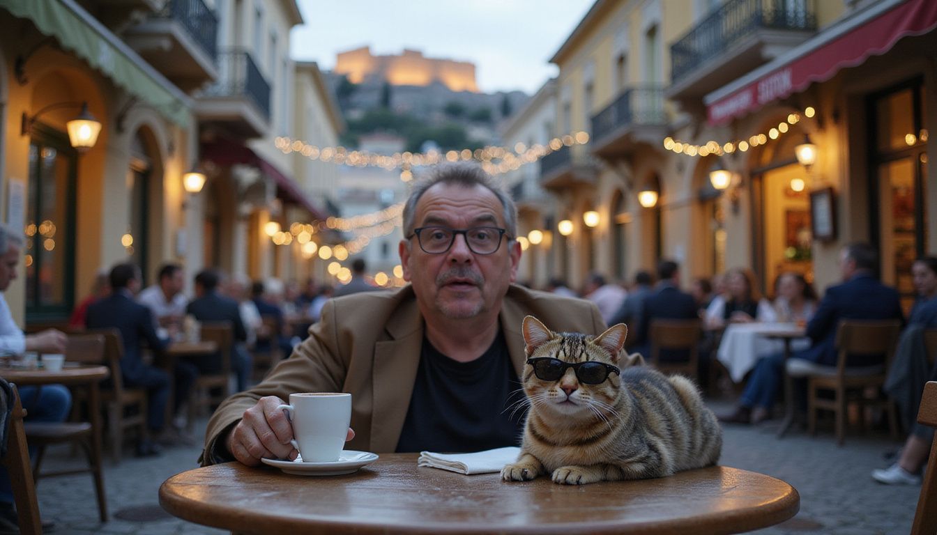 A playful stray cat in sunglasses lounges on a café table while locals enjoy coffee in a vibrant Athens scene.