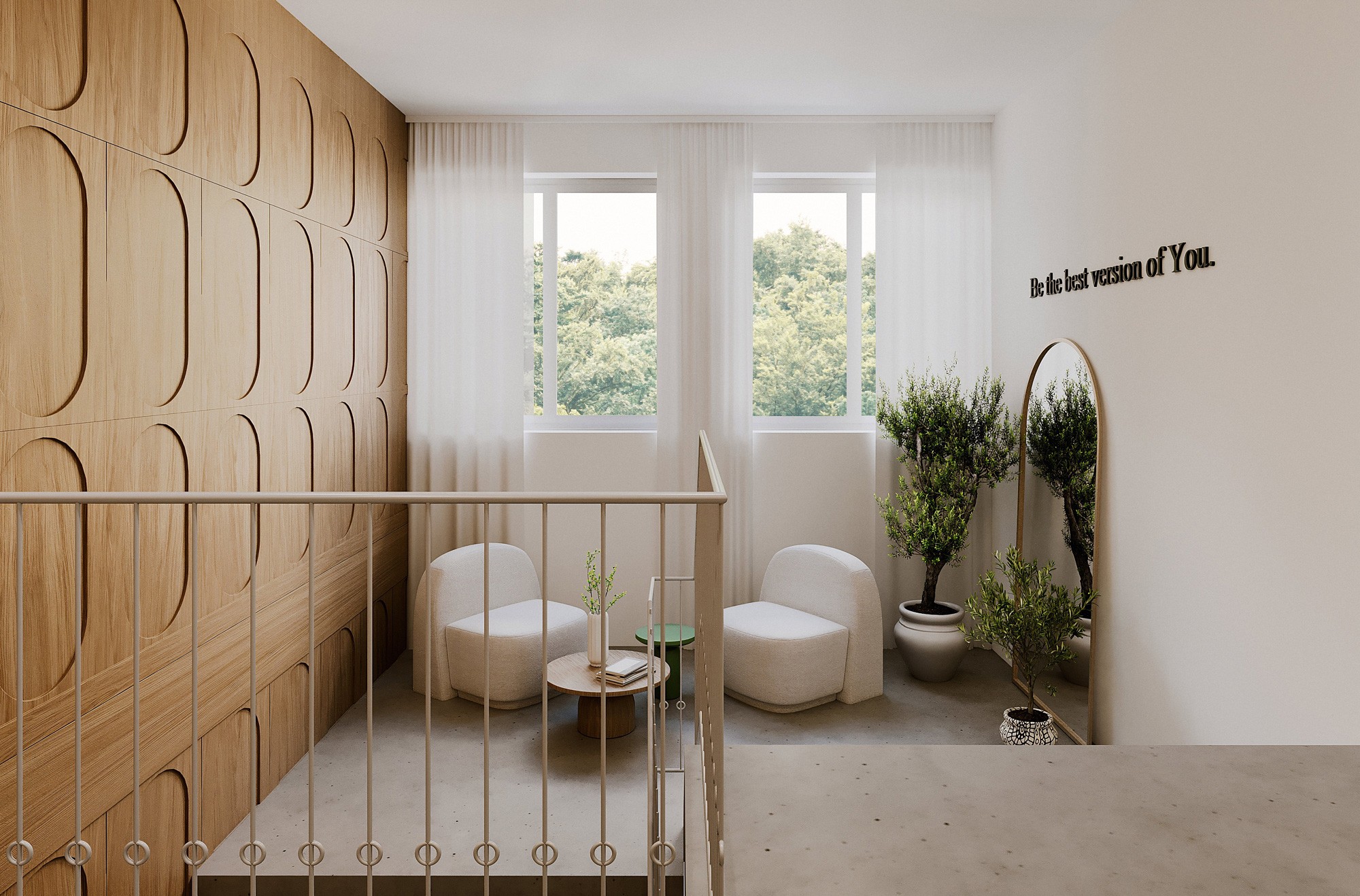 A modern interior space with two chairs, a small table, and plants, featuring warm wood tones and natural light.