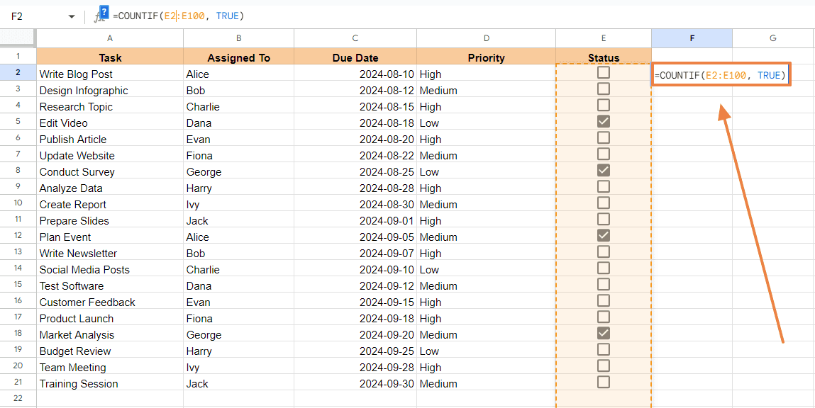 =COUNTIF(E2:E100, TRUE)