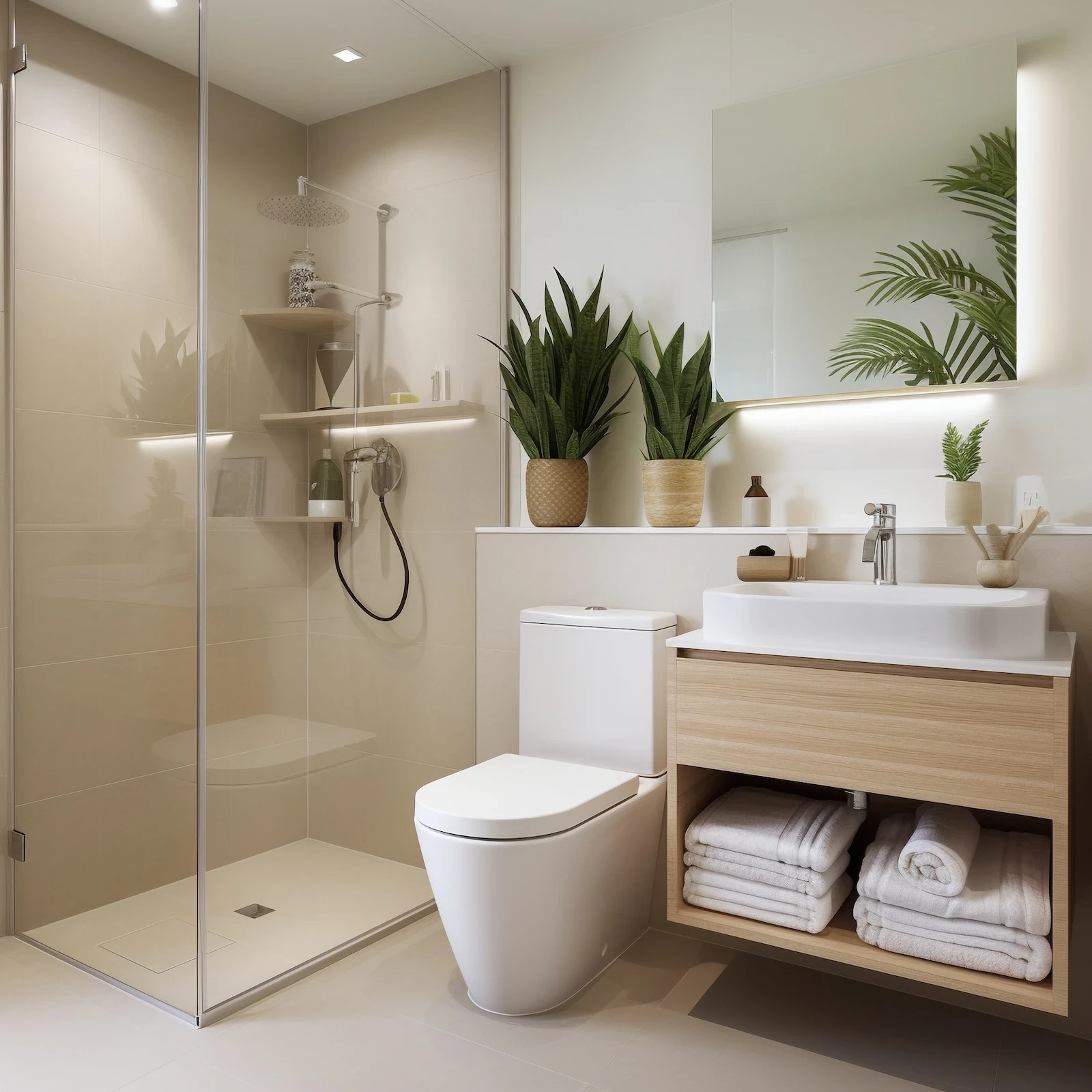 Folsom Ca renovated bathroom cinstrcuted by FineLine Home Design. Custom Glass shower with modern, vanity and large tile floors. Modern construction done right.