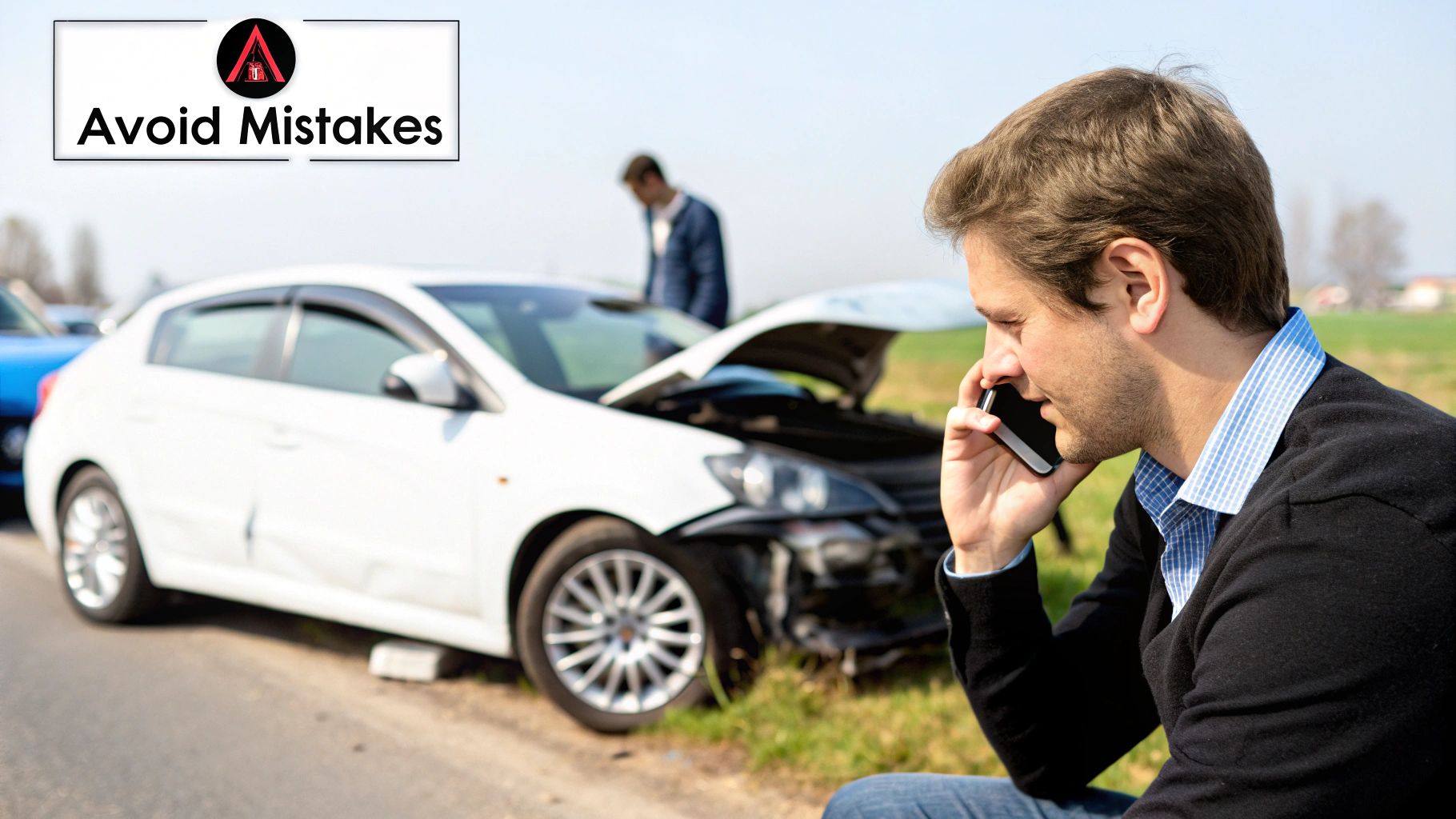 A driver looking concerned while holding a smartphone at the scene of a minor car accident.