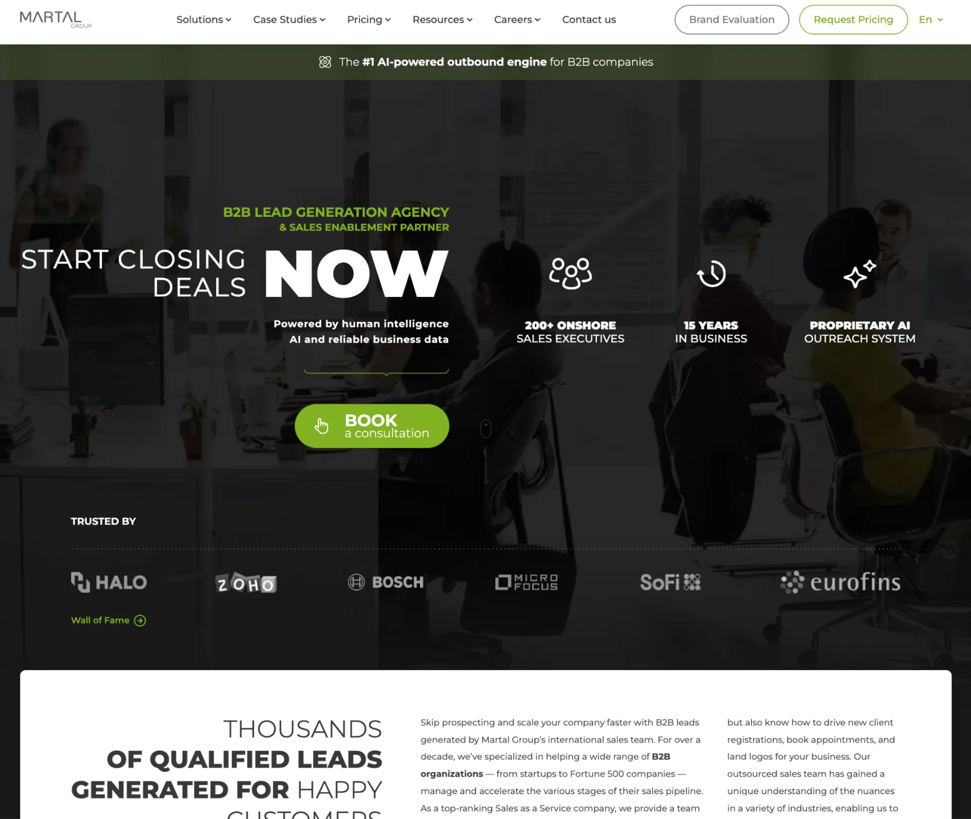 Martal Group homepage: outsourced sales-as-a-service for B2B tech companies