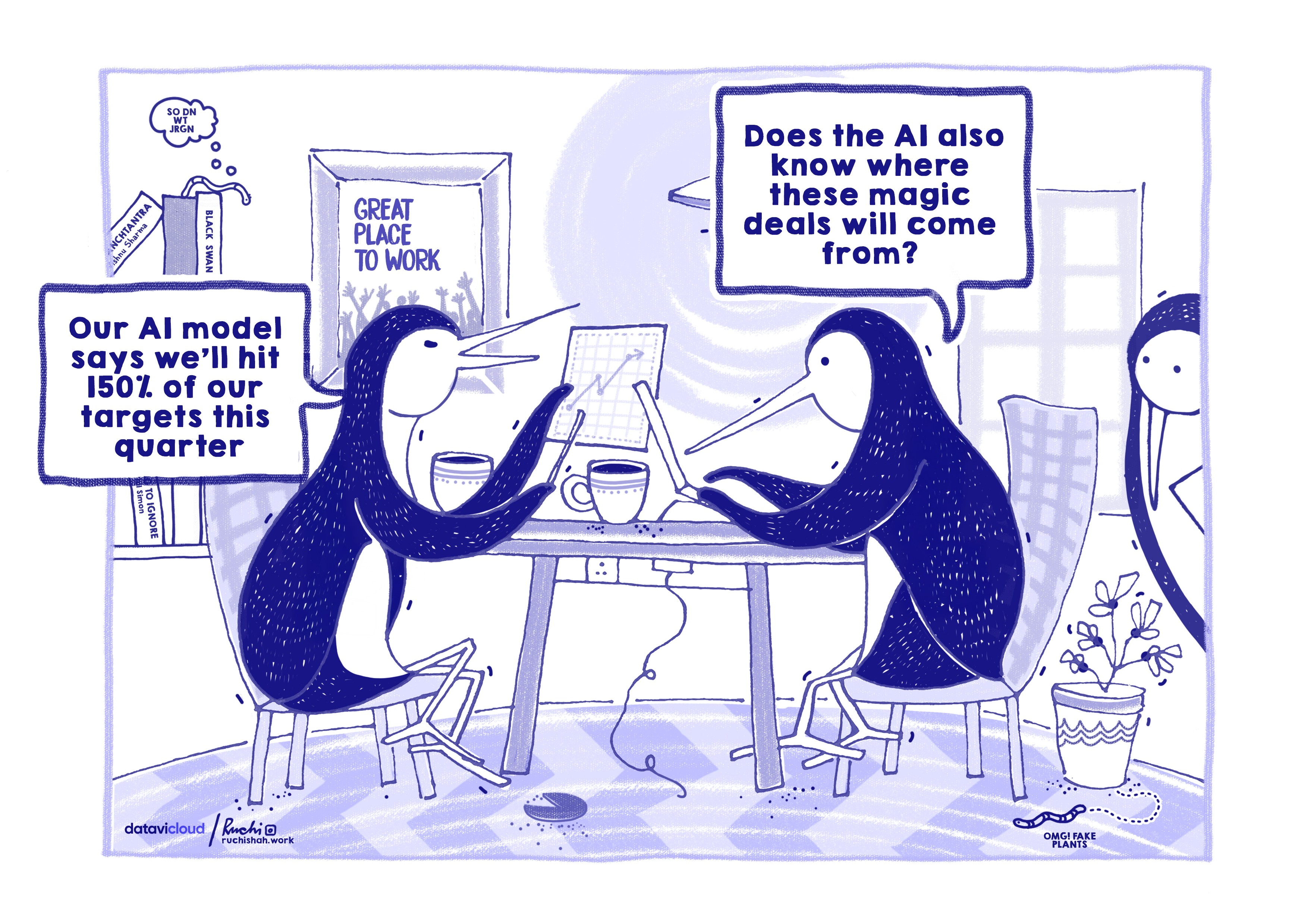 A satirical #DataPenguins illustration featuring a penguin in a messy office standing next to a printer. The penguin says, "Technically, the numbers are correct. Emotionally, I’d recommend not looking at them". The caption below reads, "Data Never Lies, But It Sure Can Hurt," satirizing the pain of RevOps data fragmentation and the need for automated sales intelligence.