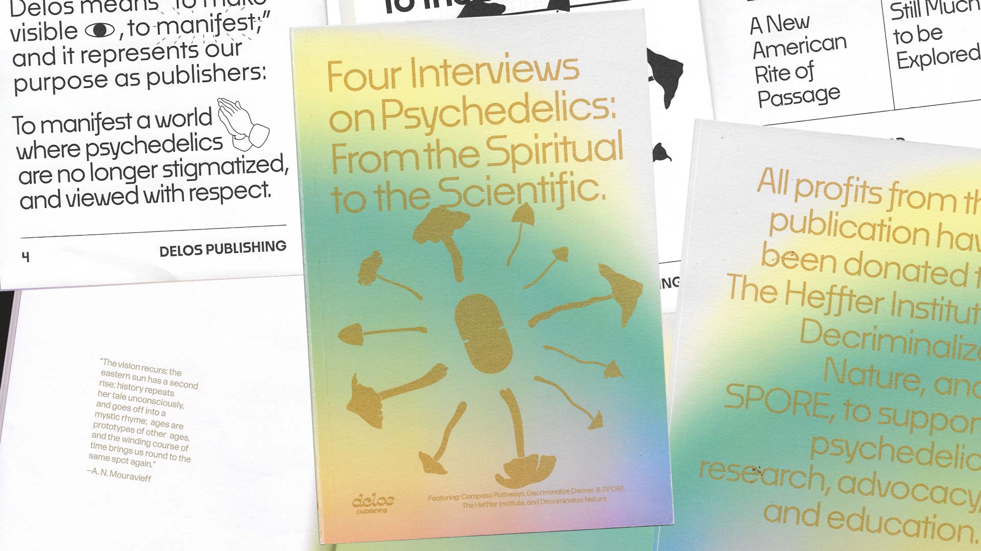 The image shows a collage of printed materials, including text and graphics, arranged on a surface. The central focus is a book titled "Four Interviews on Psychedelics: From the Spiritual to the Scientific," published by Delos Publishing. The cover features a gradient background with stylized illustrations of mushrooms and leaves. Surrounding the book are other printed pieces with text, some of which appear to be excerpts or reviews. One visible quote reads, “The vision recurs: the eastern sun has a second rise: history repeats itself: her tale unconsciously and goes off into a mystic rhyme; ages are prototypes of other ages, and the winding course of history brings us round to the same spot again.” A page number “4” is visible in the bottom left corner, and a small logo or symbol appears in the bottom right corner of the book cover.