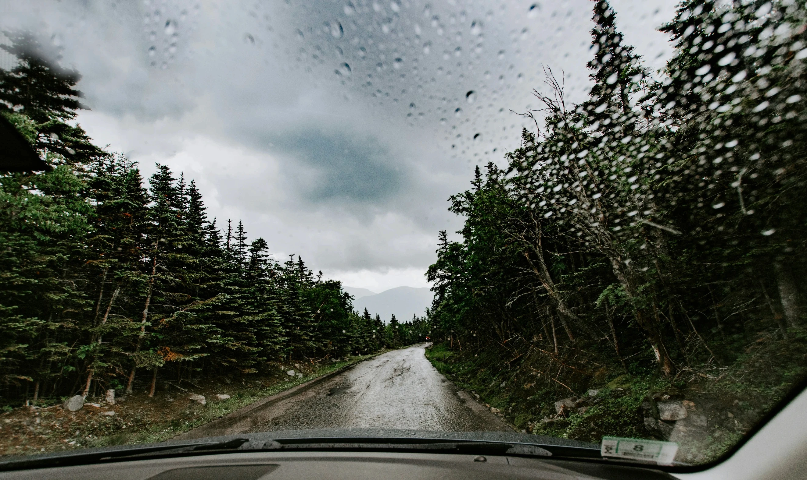 driving along a rural road in the rain