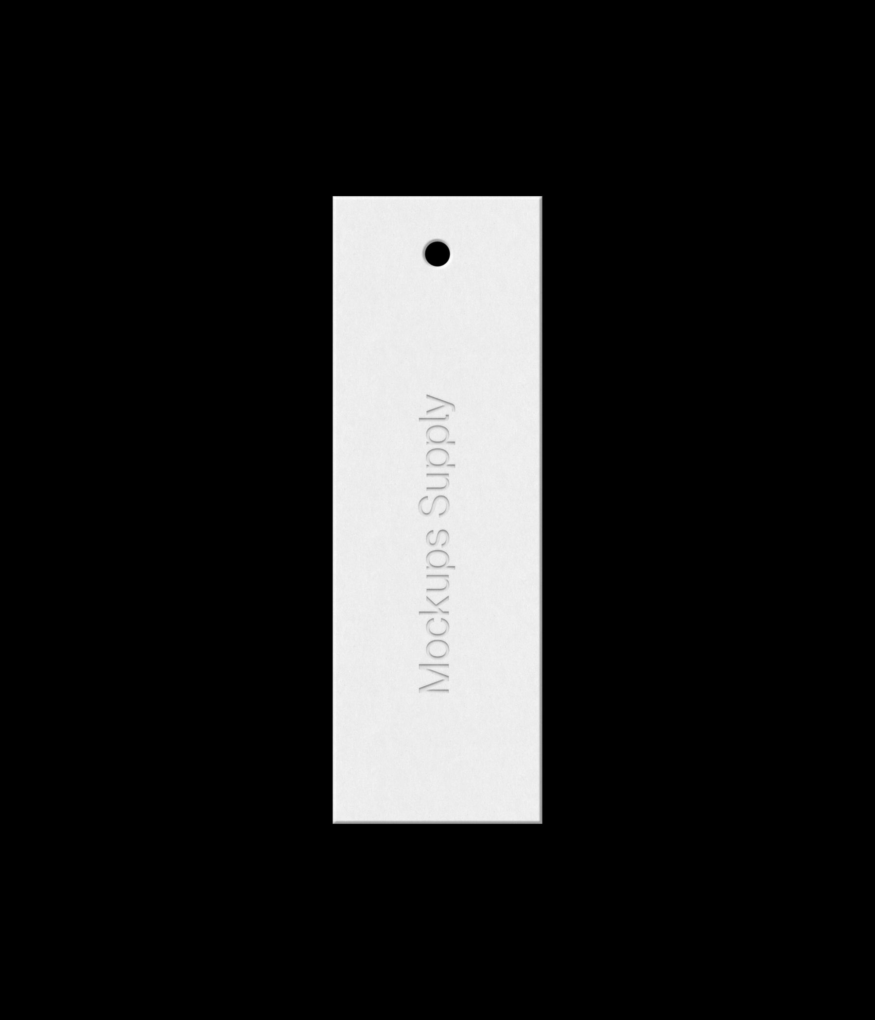 White 1x3 vertical hang tag mockup on black background with debossed text effect for Photoshop download psd