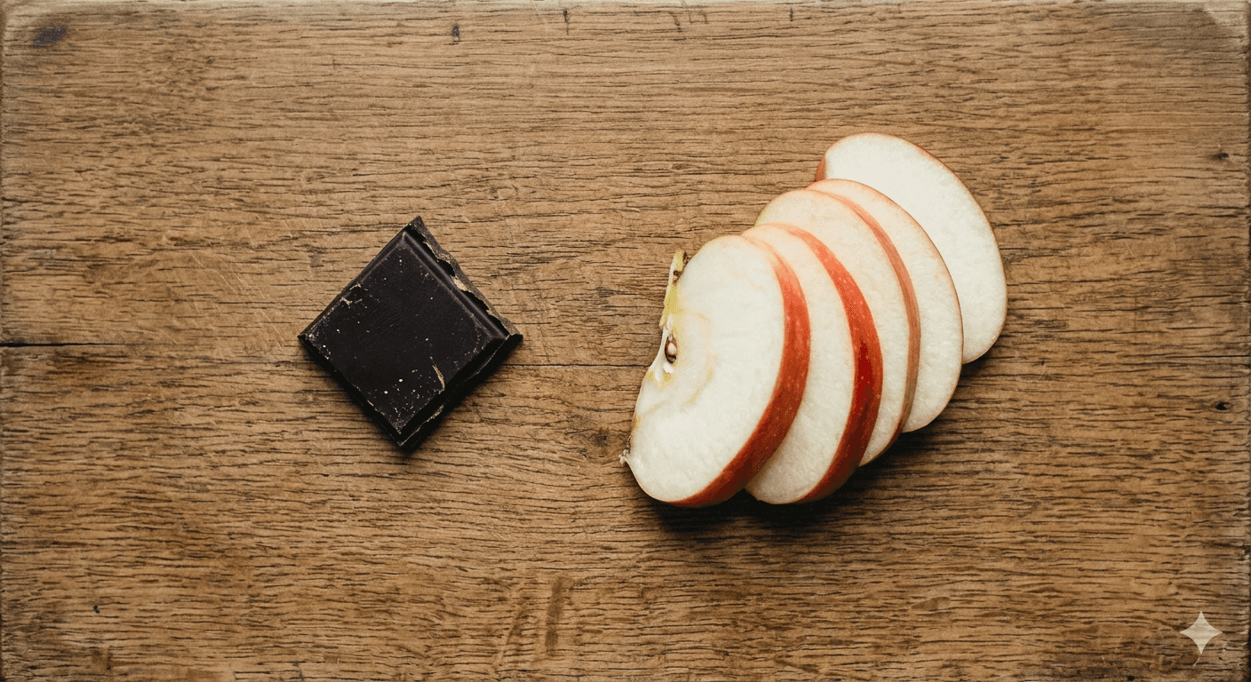 Dark chocolate square beside apple slices — intentional approach to reducing sugar cravings without elimination